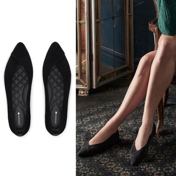 New! Birdies The Goldfinch Pointed Ballet Flat in Black Suede - Picture 1 of 16